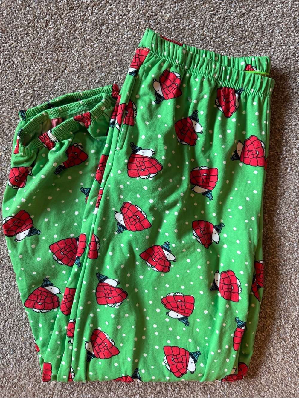 Peanuts Snoopy Christmas Pajama Pants Large Green Red Puffer Coat Print NWOT